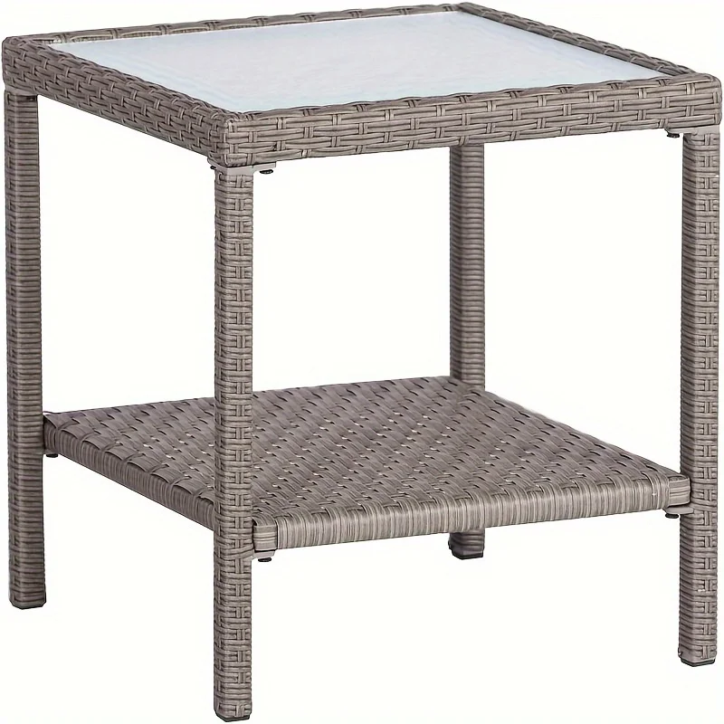 

Furniture Outdoor Patio Table Iron Frame Grey Wicker Coffee Table Square Side Table Tempered Glass Top