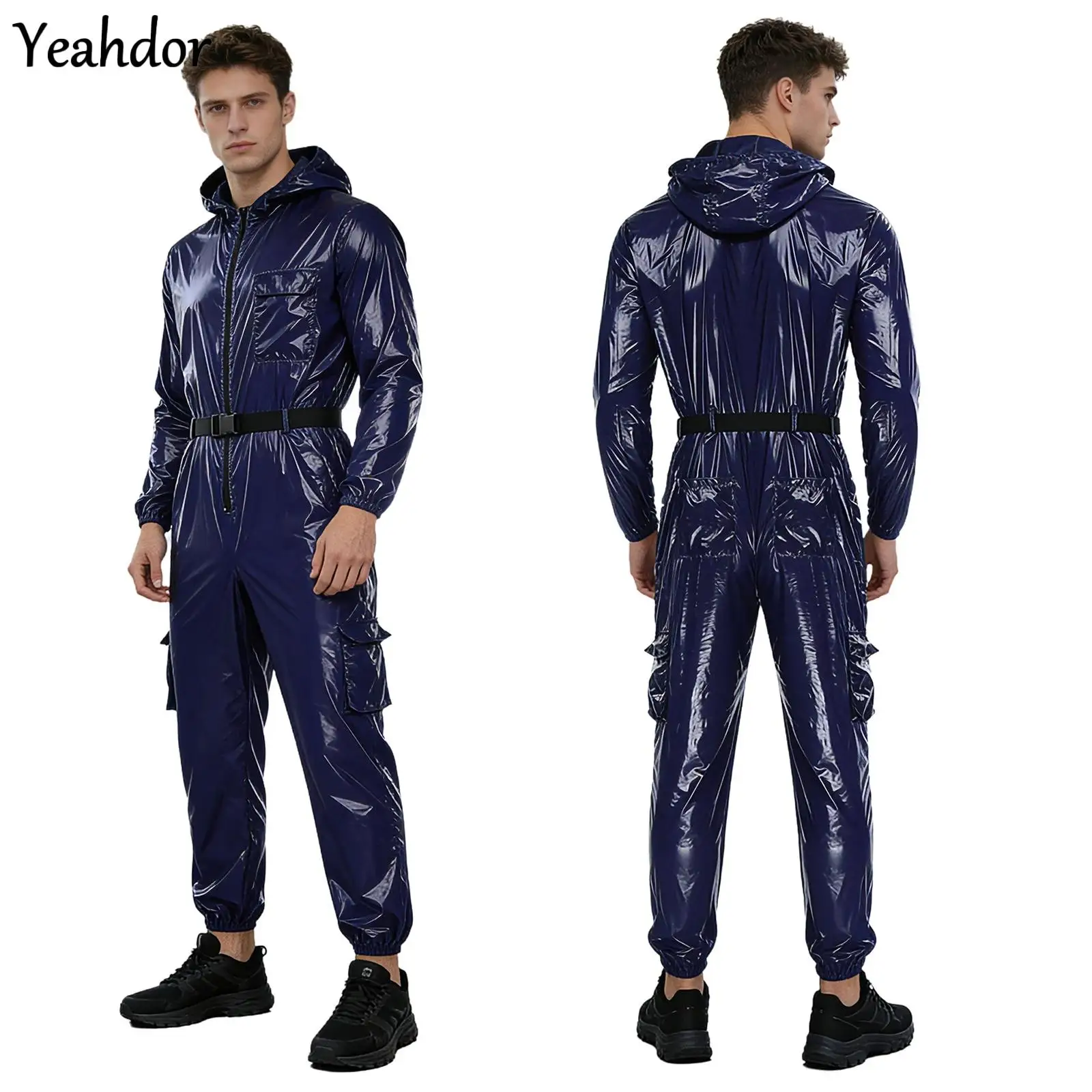 

Men Water Resistant Coveralls Jumpsuit Elastic Belt Long Sleeves Front Zipper Hooded Mechanic Workshop Overall Uniform Work Wear
