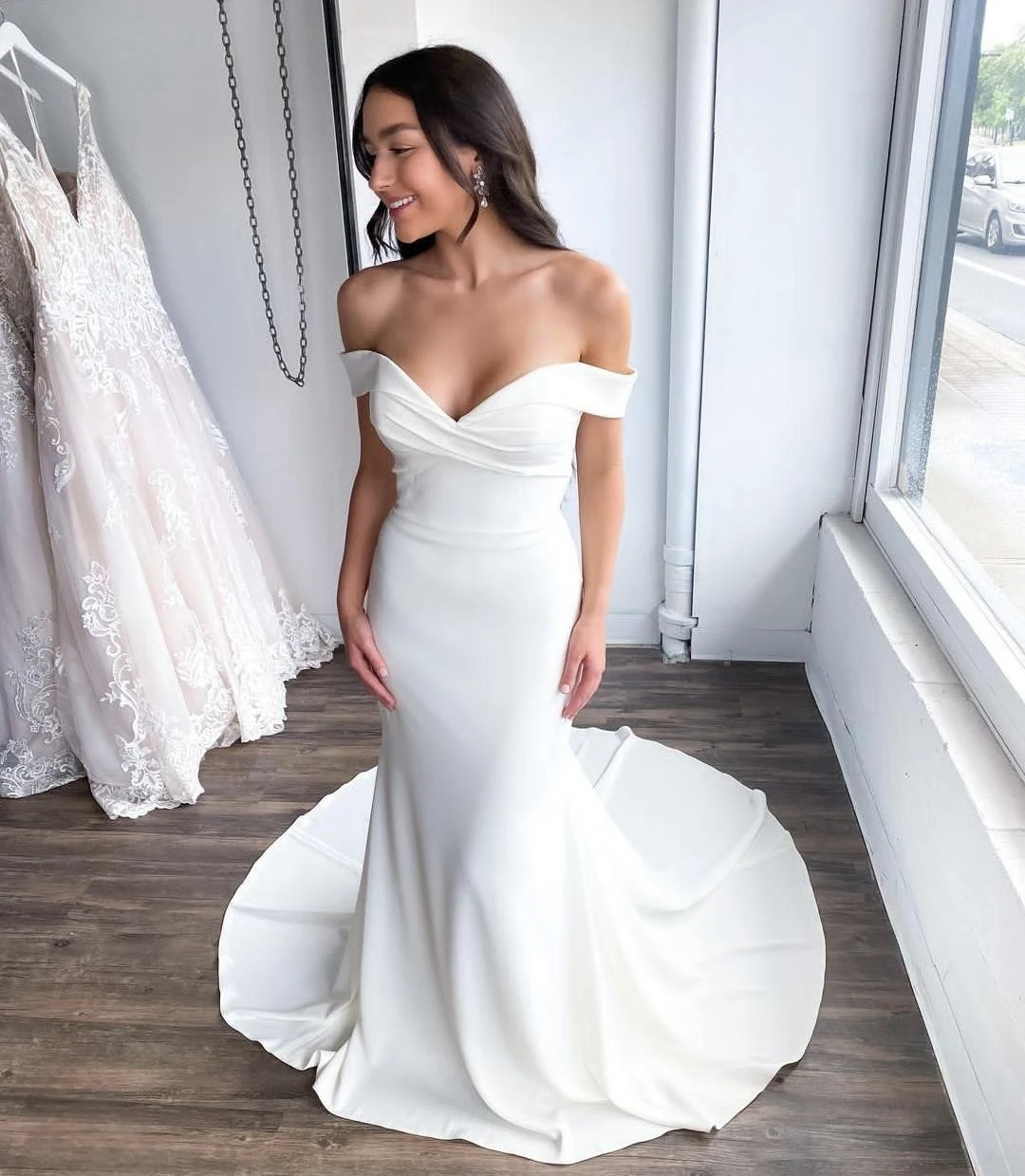 

Simple Cheap Wedding Dress Satin Mermaid Sweetheart Floor Length Civil Customize To Measures Bridal Gowns Off The Shoulder 2024