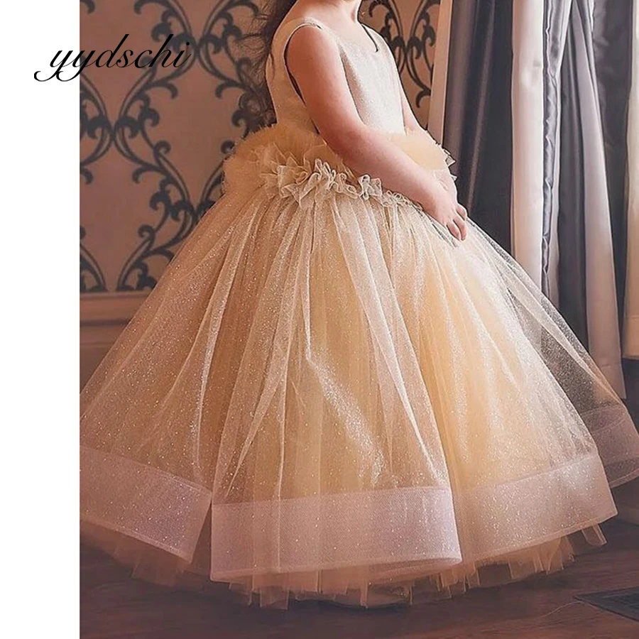 Customized Girl Dress A-Line Kids Princess Sleeveless Simulation Flowers Floor Length Wedding Shiny Tulle Prom Dresses 2025