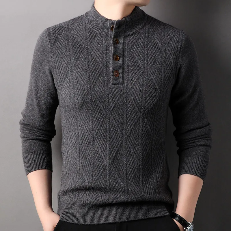 New Mock Neck Sweater Casual Men's Pullovers Knitted 100% Wool Sweaters Warm Men Pure Woolen Argyle Button Half Open Sweater