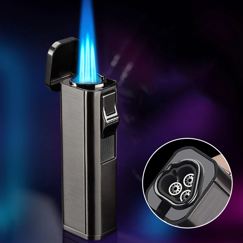 

Hot Three Fire Straight To Windproof Inflatable Gas Lighter Metal Cigar Cigar Cigarette Gadget Men's Smoking Accessories Gifts