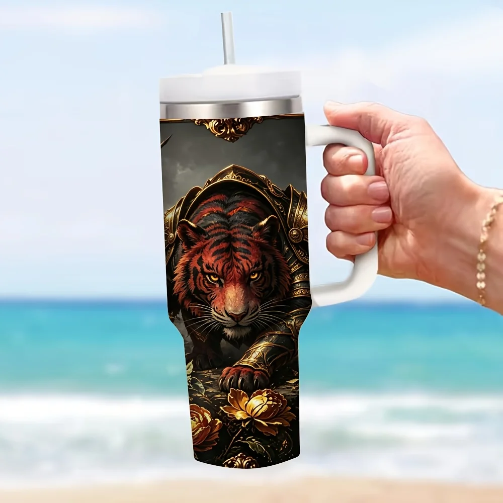 40Oz Tumbler with Handle, Cool Battlefield Armored Tiger Warrior Print Insulated Cup, Keeps Drinks Hot Or Cold, Suitable for Adults for Outdoor Activities And Daily Use