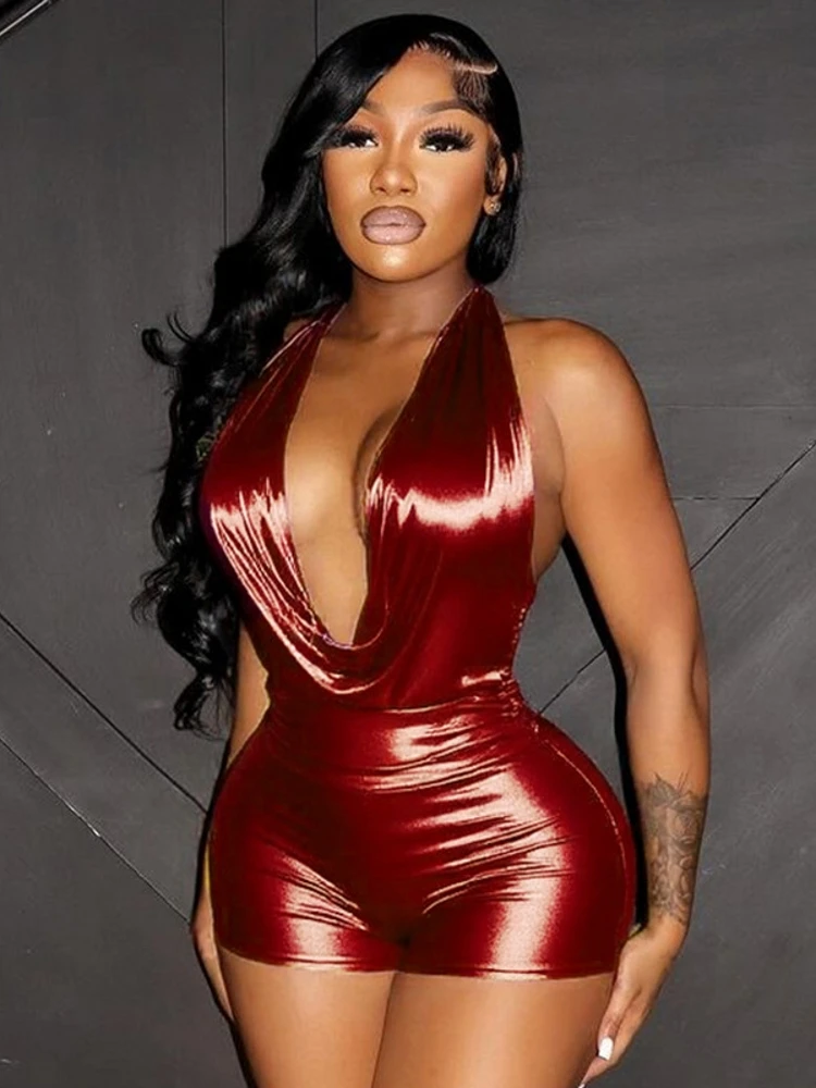 

Сексуальный металлический комбинезон с вырезом на шее, шнуровкой сзади, облегающими шортами и брюками средней посадки длиной 7/8