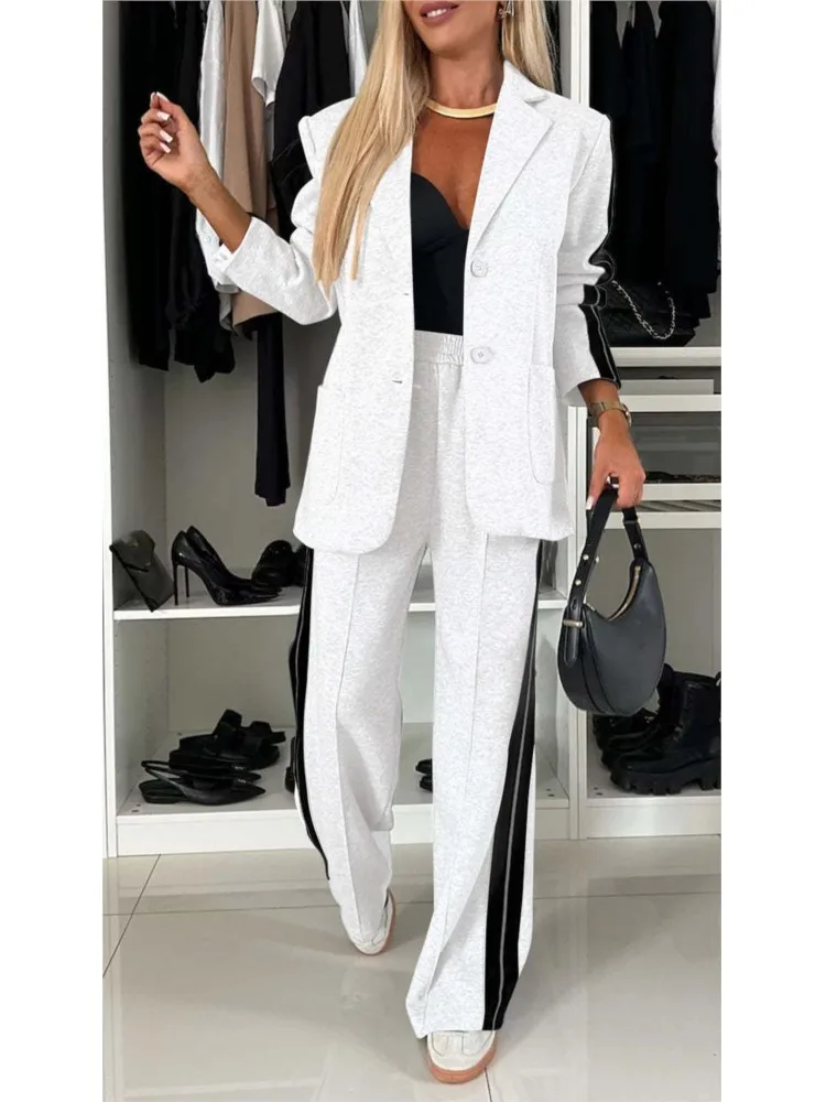 Autumn And Winter New Long Sleeves Suit Women\'s Suit Fashion Pimp Stitching Pants Pocket Female Office Blazer 2 Piece Set 2024