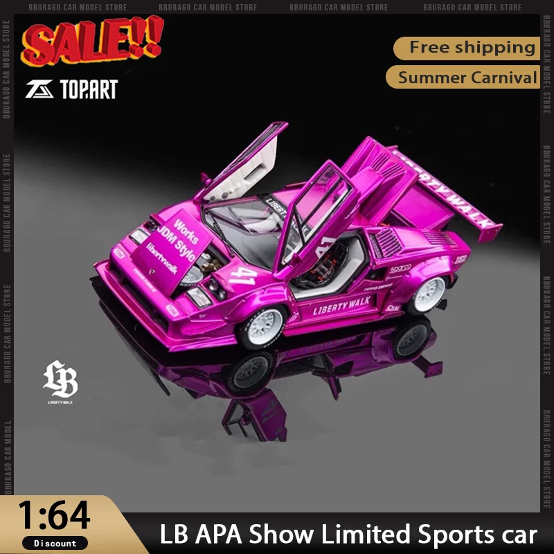 Nowość w magazynie LB 1:64 Skala Custom Show Limited Sportowy samochód w stylu Countach, różowy model ze stopu z gablotą, kolekcjonerska zabawka
