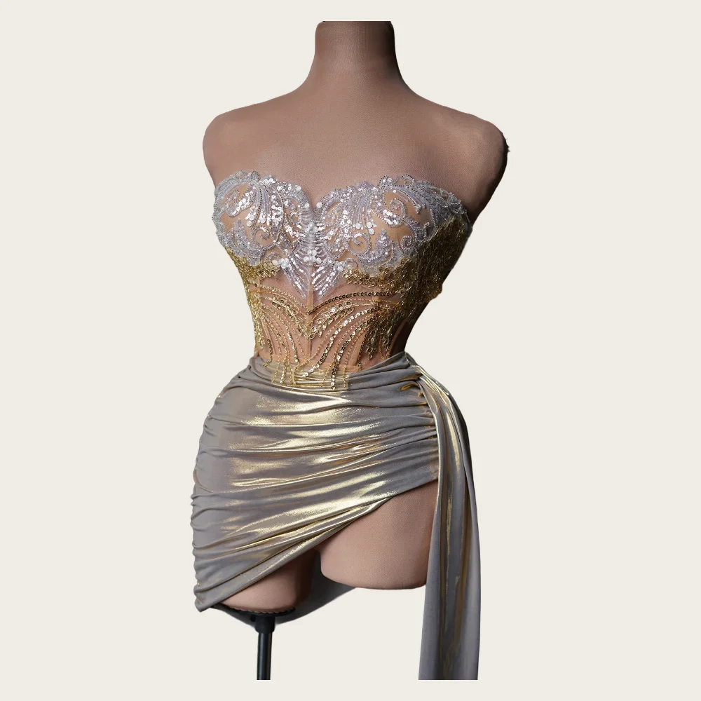 

Party Bar Singer Performance Wear Stage Wear Women Sexy Beading Sequins Bodycon 2 Pieces Mini Dress Nightclub Prom Fashion Gowns