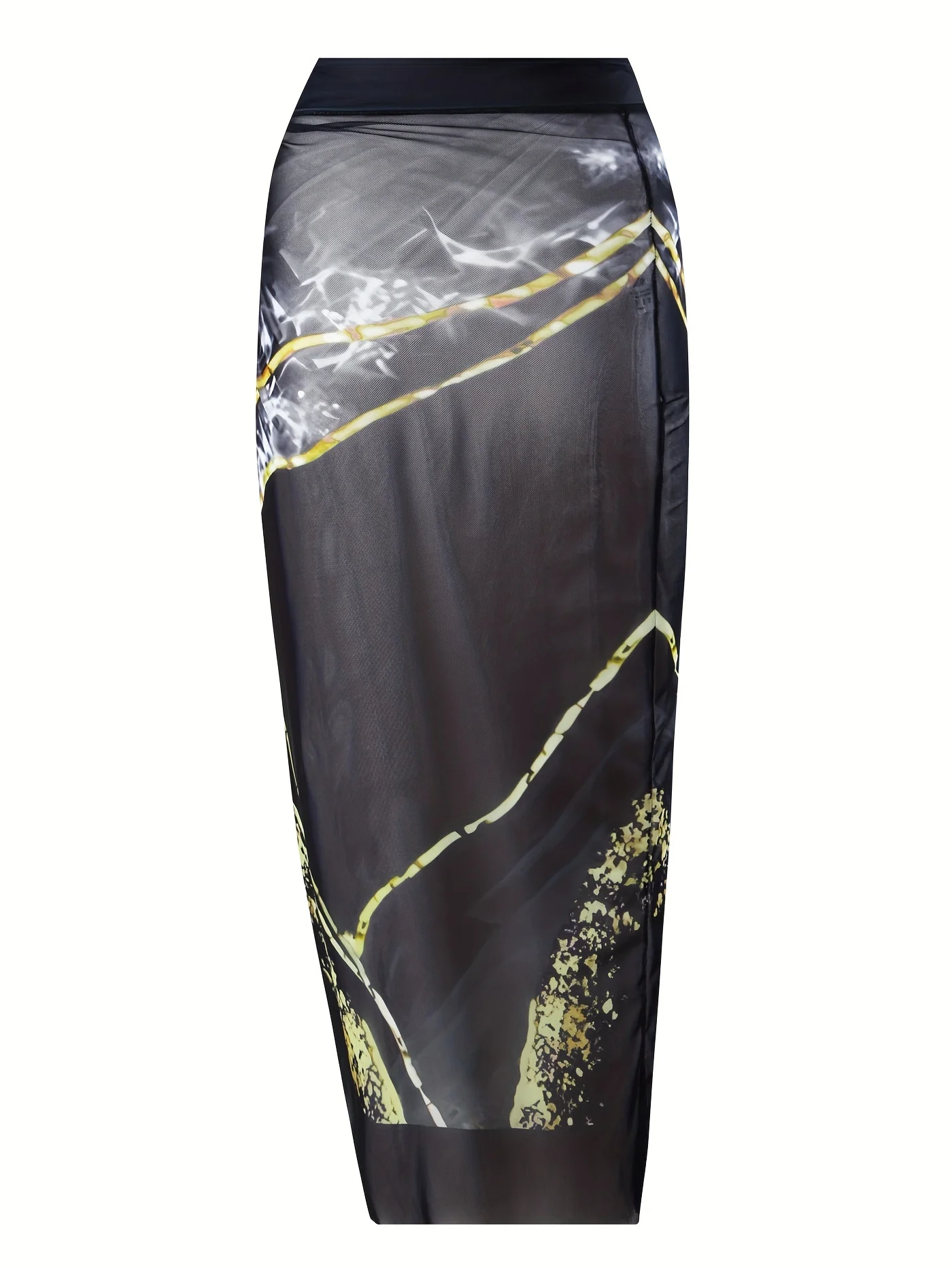 Women's Two-Piece Swimsuit Set, Black Marble Pattern Print, Strapless Swimsuit, Mesh Tie-Up Apron Skirt, Beach Vacation