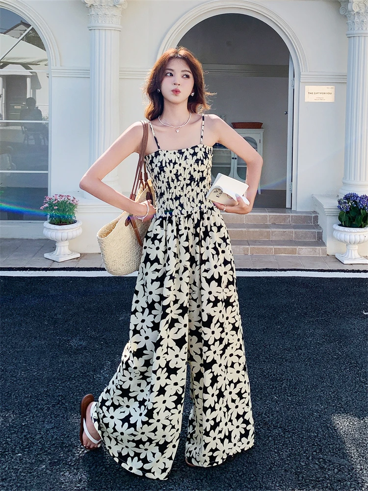 

Retro Floral Print One-Piece Pants Women Summer 2026 Lazy Style Wide Leg Suit Unique And Beautiful High Waist Long Pants