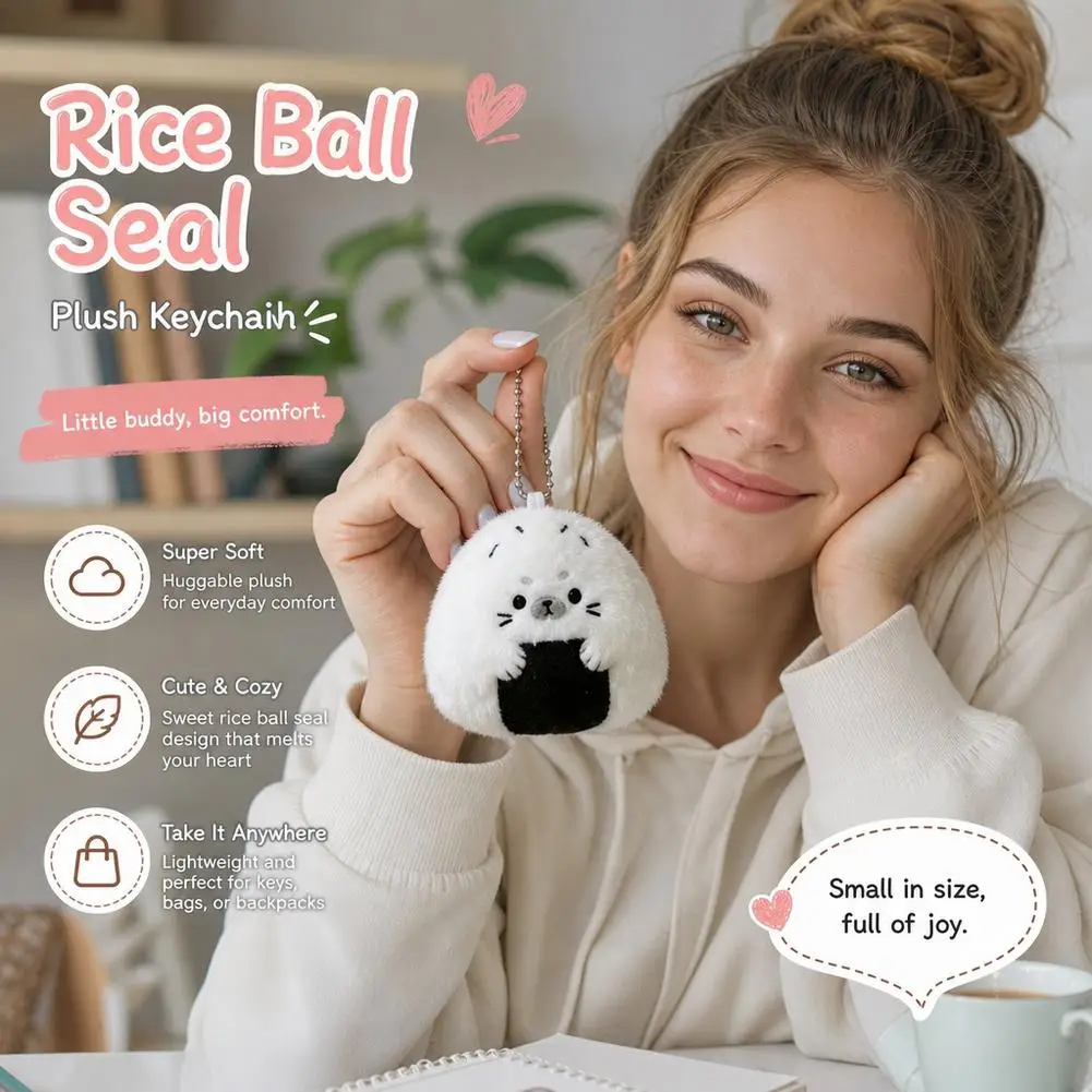 Rice Ball Seal Plush Keychain Cute Onigiri Stuffed Animal Kawaii Bag Charm Backpack Pendant Key Ring Kids Birthday Gift Decor