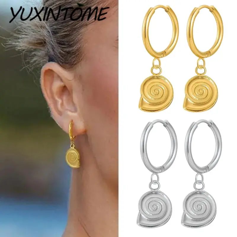 

925 Sterling Silver Ear Needle Classic Simple Striped Concave Shell Pendant Circle Earrings Fashionable Casual Summer Jewelry