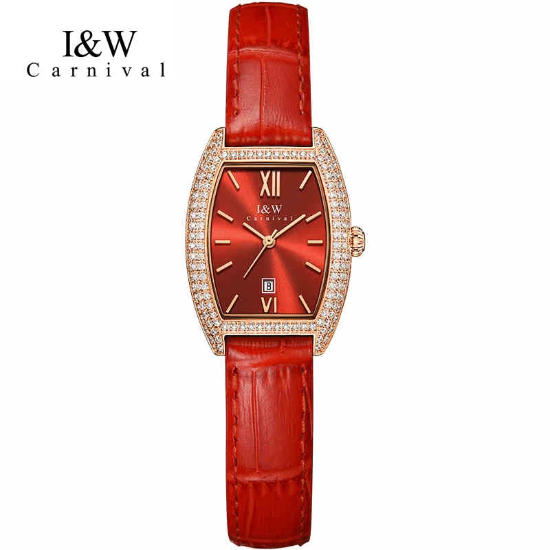 CARNIVAL Brand IW High-End Series Fashion Red Quartz Watch for Women Luxury Diamond Leather Strap Waterproof Womens Dress Watch