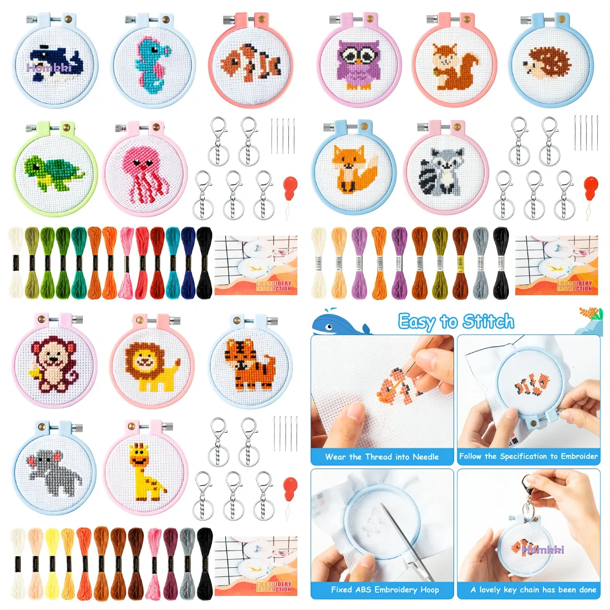 DIY Cross Stitch Embroidery Starter kit for Beginner Kids Making Your Own Animal Keychain Knitted Fox Fish Manual Craft Material