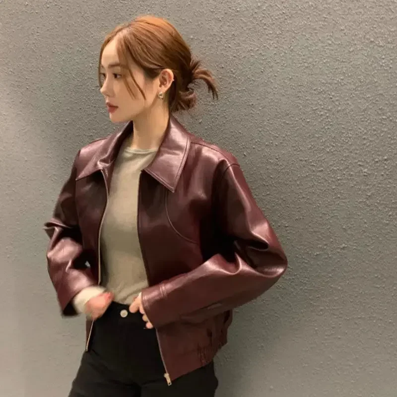 New Retro Burgundy PU Leather Jacket Top for Women's Spring and Autumn Lapel Zipper Motorcycle Jacket Top Leather Jacket Women