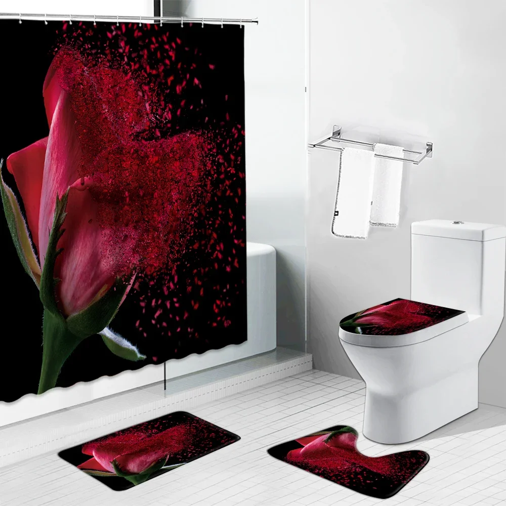 Purple Rose Flowers Printed Black Shower Curtain Set Non-Slip Bath Mat Women Bathing Bathroom Decor Carpet Toilet Lid Cover Rugs