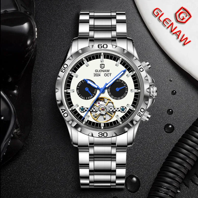 Gleaw-Reloj de pulsera multifunción para hombre, cronógrafo mecánico automático de acero inoxidable, año y semana