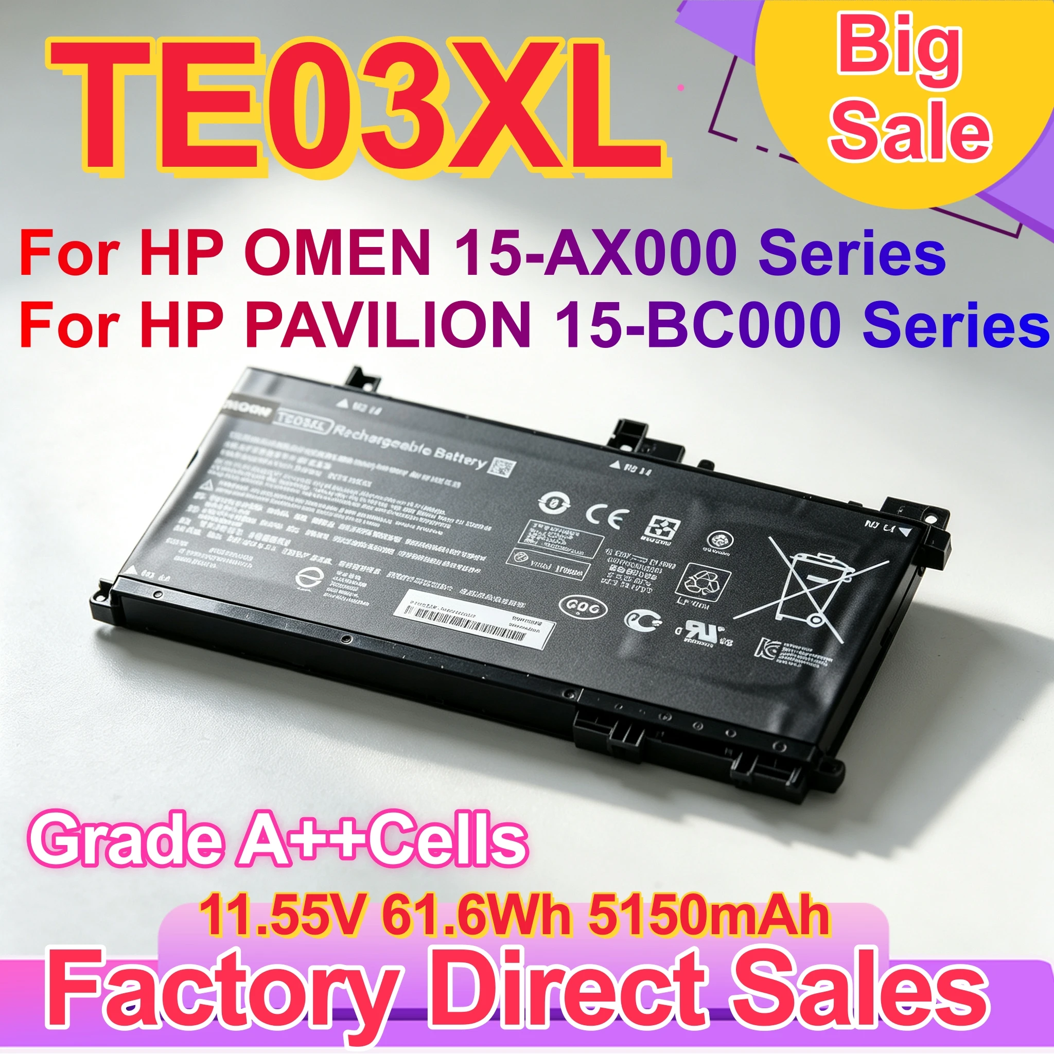 High Quality TE03XL Laptop Battery For HP Omen 15-AX020TX 15-AX033DX Pavilion 15-BC000 Series HSTNN-UB7A TPN-Q173
