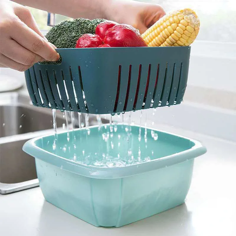 3 In 1 Double Layer Drain Basket Box with Lid Multifunction Refrigerator Crisper Storage Container Vegetable Organizer