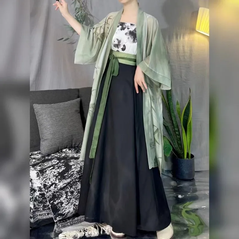 Hanfu Women Chinese Traditional Cosplay Costume Ancient Song Dynasty Hanfu Dress Women Vintage Print 3pcs Green Set Plus Size XL