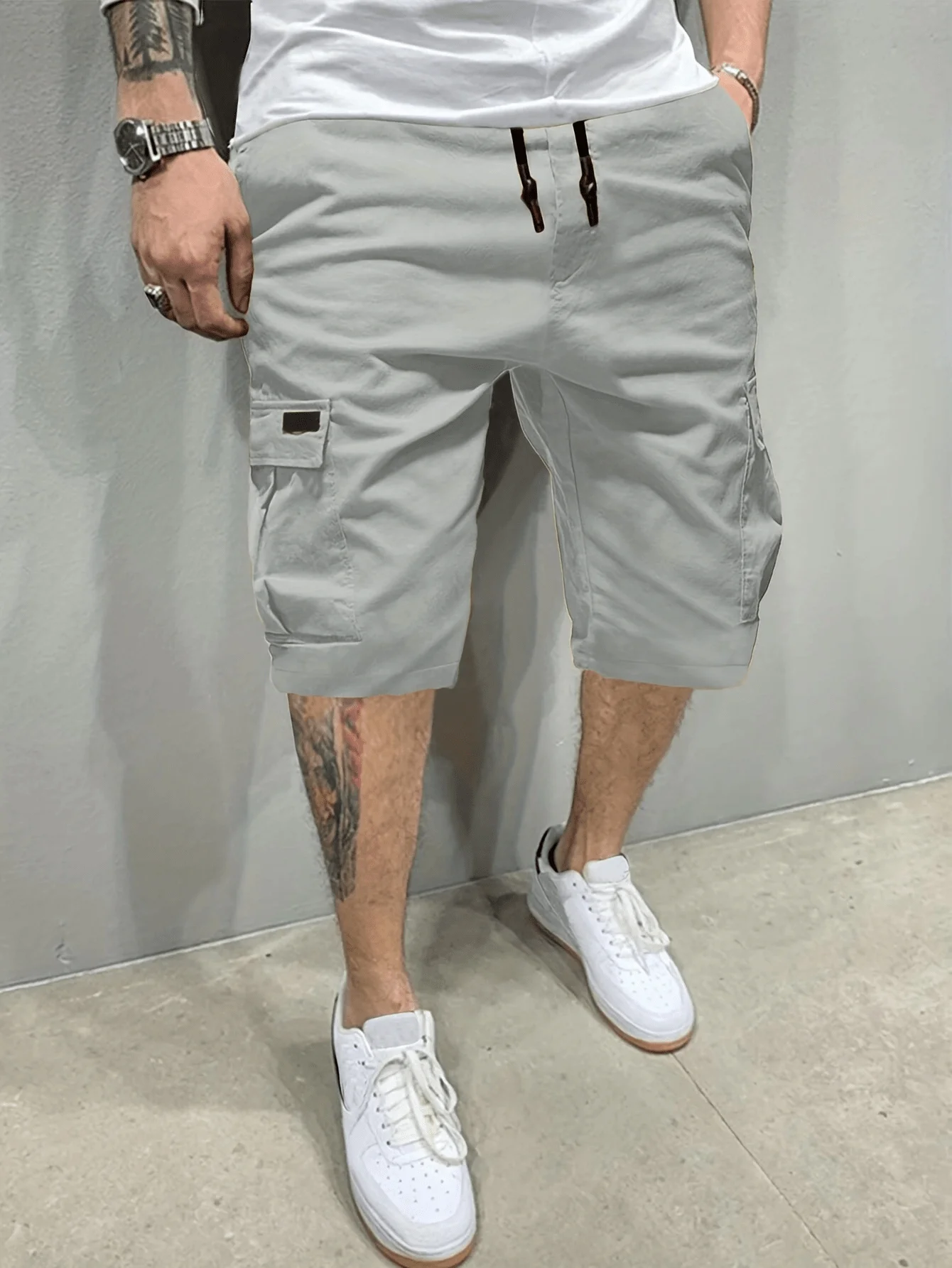 

Light Gray Mens Cargo Shorts With Adjustable Drawstring Waist And Utility Pockets For Casual Summer Outdoor Use