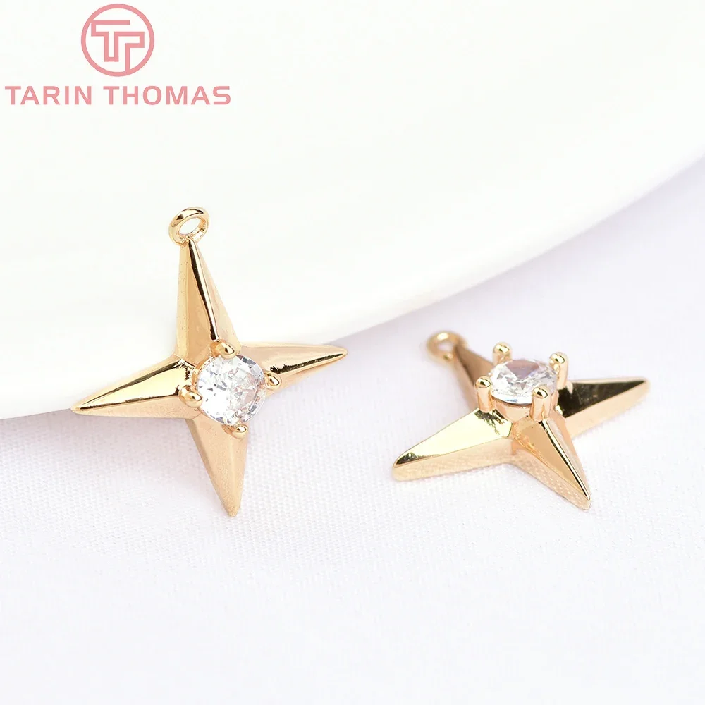 (1133)4PCS 24K Gold Color Plated Brass with Zircon explosion Six-star Charms Pendants High Quality Jewelry Accessories Wholesale