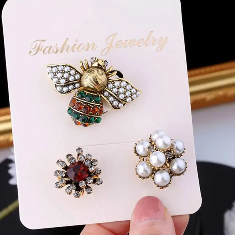 Korean 3pcs/set brooch pins bee pearl rhinestone brooch pins all-matching retro jewelry accessories for women