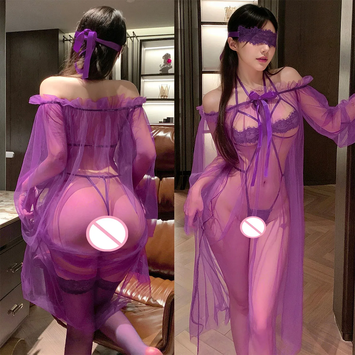 

Women Sheer Mesh Robe Set Halter Neck Lace Detail Bow Accent + Lace Eye Mask Intimate Lingerie Costume