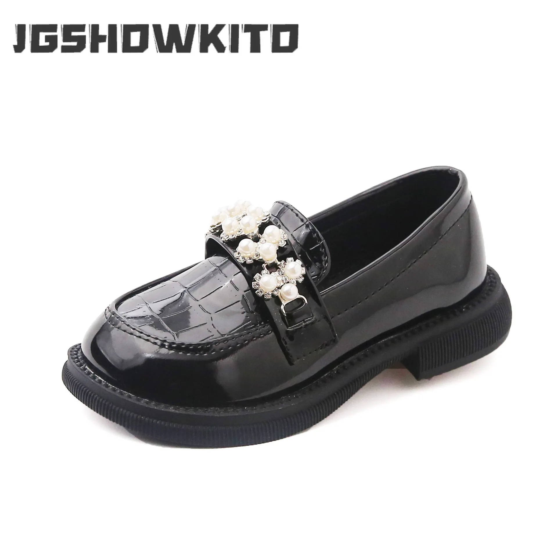 

Girls Leather Shoes Slip-on British Style Oxfords Loafers Kids Casual Flats with Pearls Rhinestone Sweet Soft for Party School