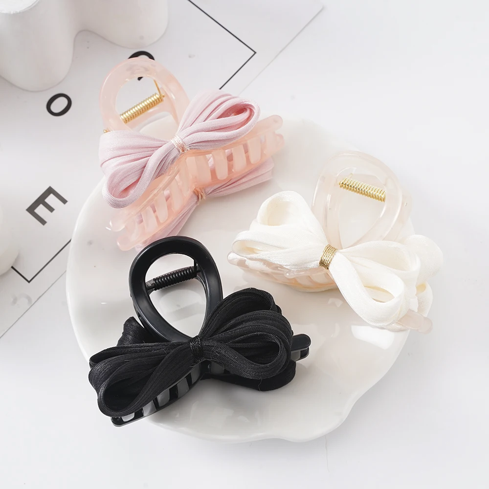 Ribbon Bow Hair Claw Hairpin HeaddressFashion Korea Sweet Barrettes Hair Clips Crab Women Headwear Ponytail Hair Accessories