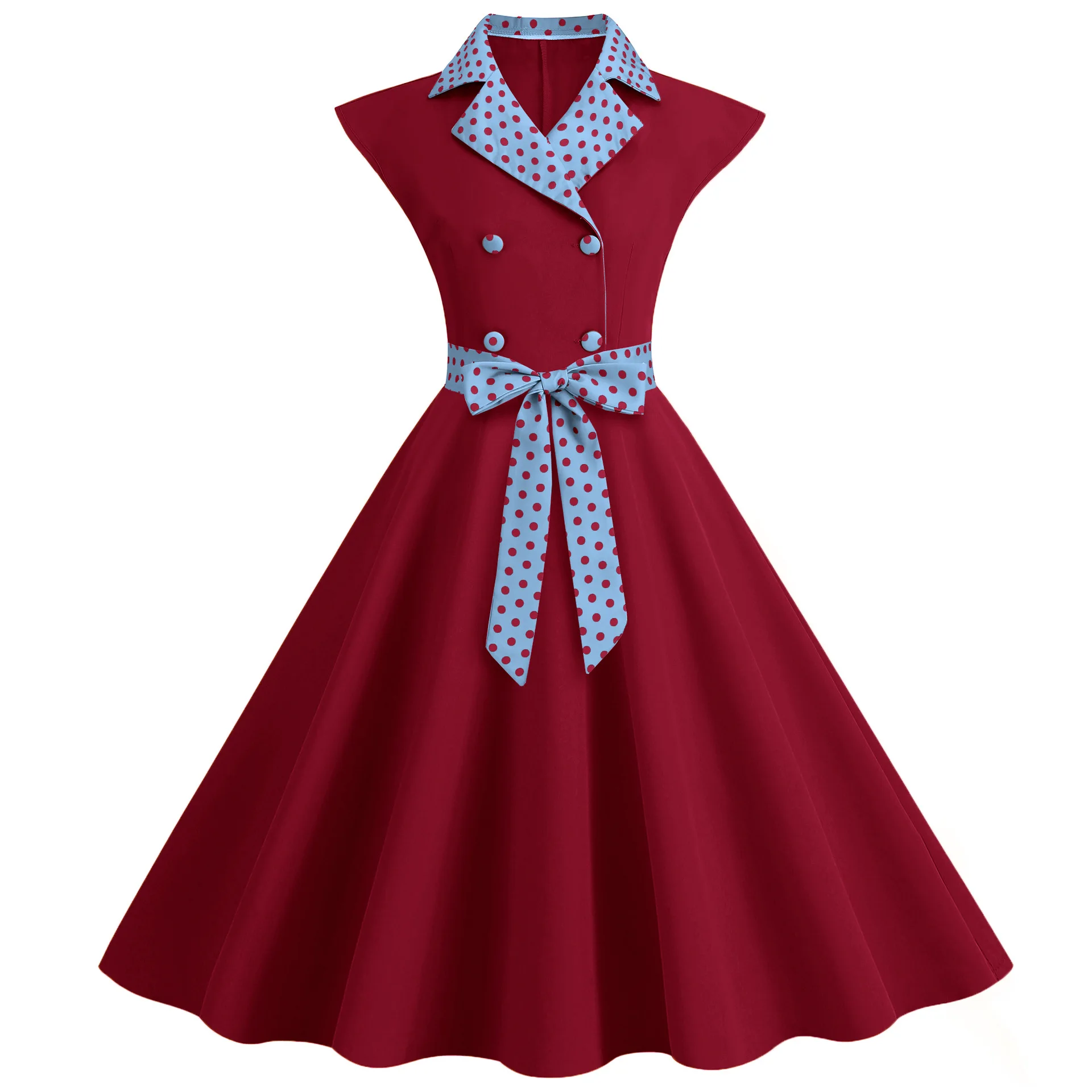 

French Hepburn Style A-line Dresses Women Vintage Polka Dots Patchwork Bowknot Leace-up Sleeveless Dress Temperament Female 2024