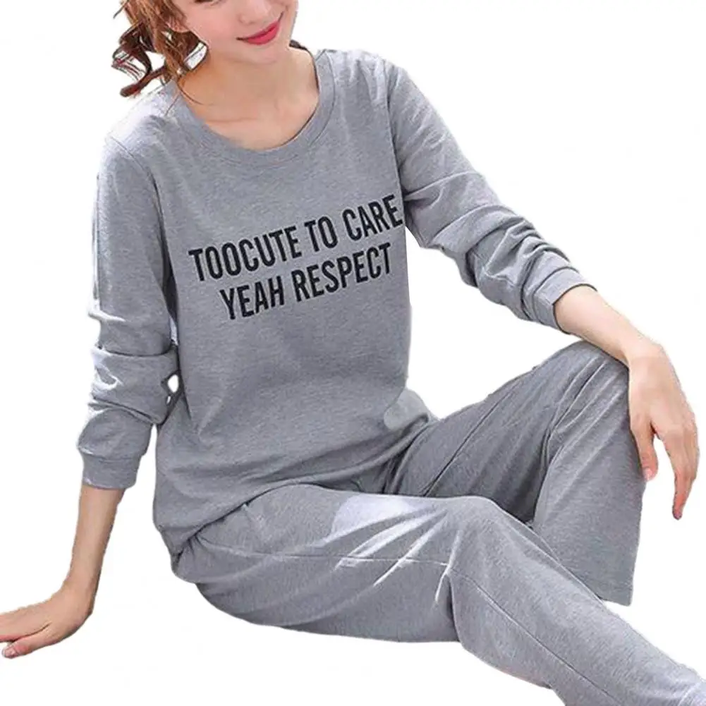 2 Pcs/Set Women Pajama Set Long Sleeve Top Elastic Waist Wide Leg Pants Fall Winter Night Clothes Homewear Set