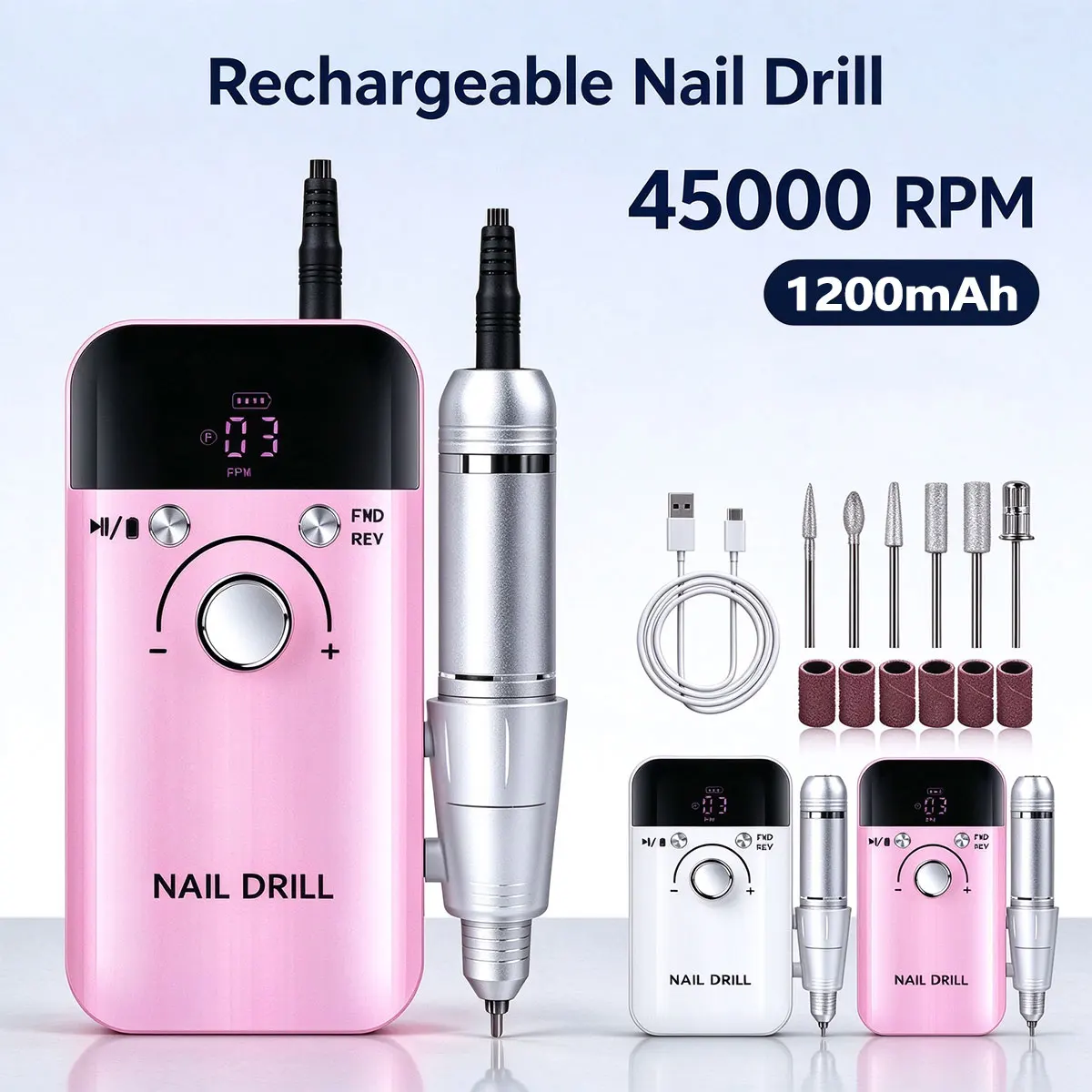 45000rpmの電動ネイルドリルマシン。プロ仕様のネイルドリルで、ジェルネイルやマニキュアに最適。充電式で持ち運び可能。ネイルファイルとしても使用できるマニキュアツール。