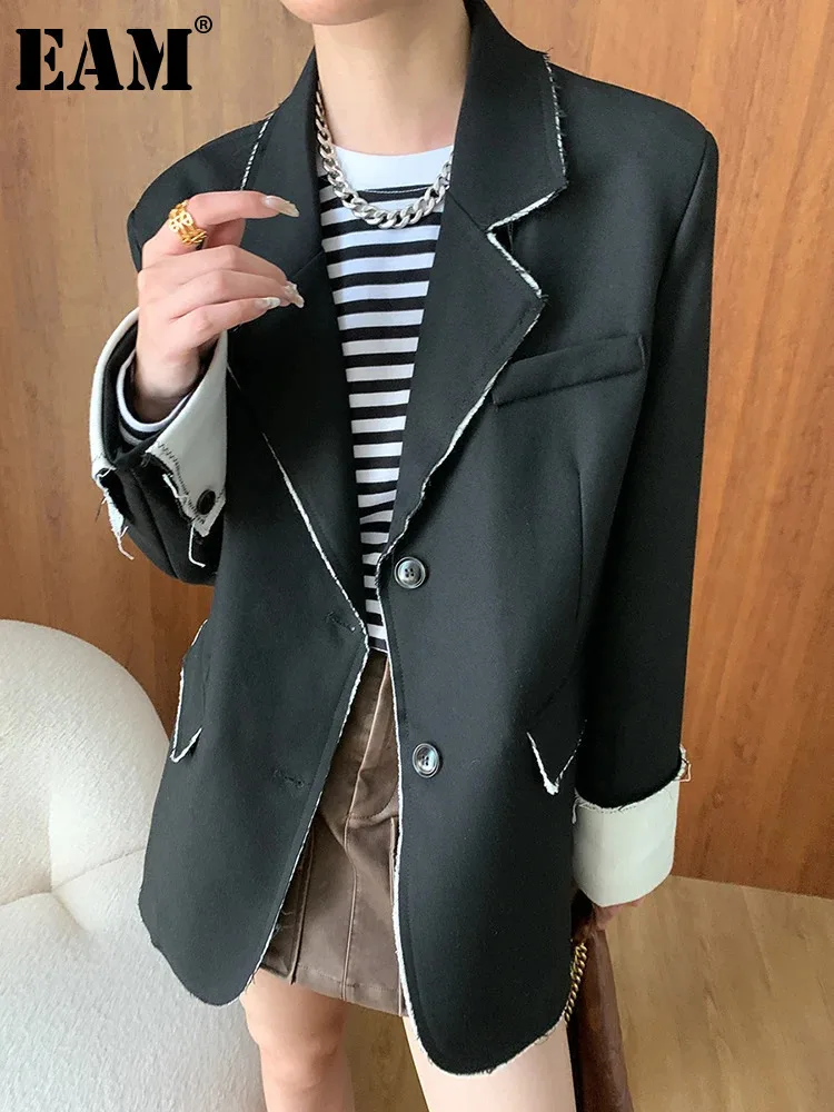 

[EAM] Women Black Color-block Burr Big Size Elegant Blazer New Lapel Long Sleeve Jacket Fashion Tide Spring Autumn 2024 1DH6535