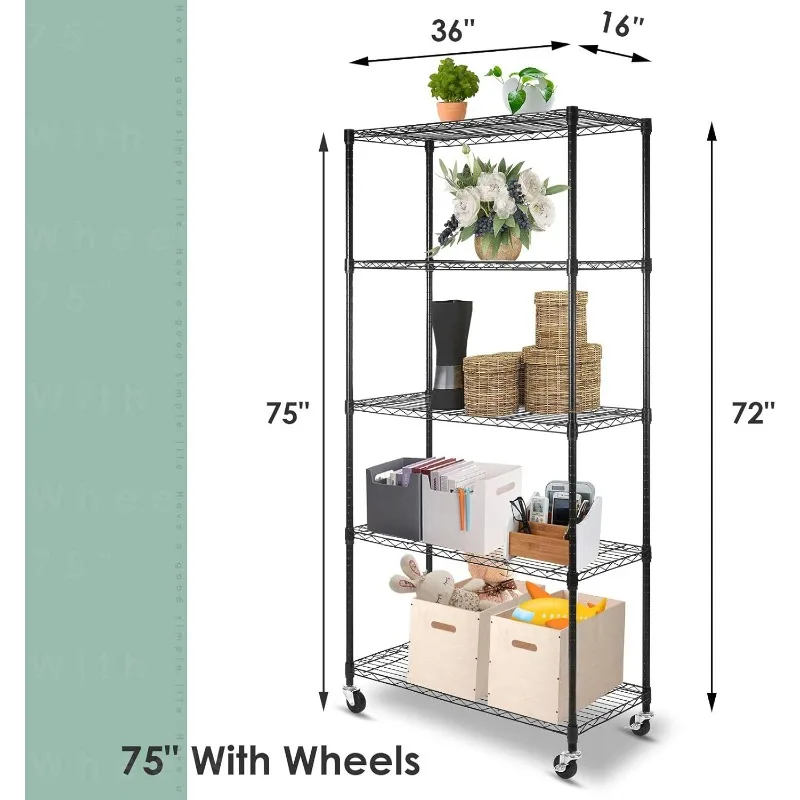 5 Tier Shelf Shelving Unit with Wheels,Adjustable Metal Shelves for Storage, NSF Certified Wire Shelving Rack