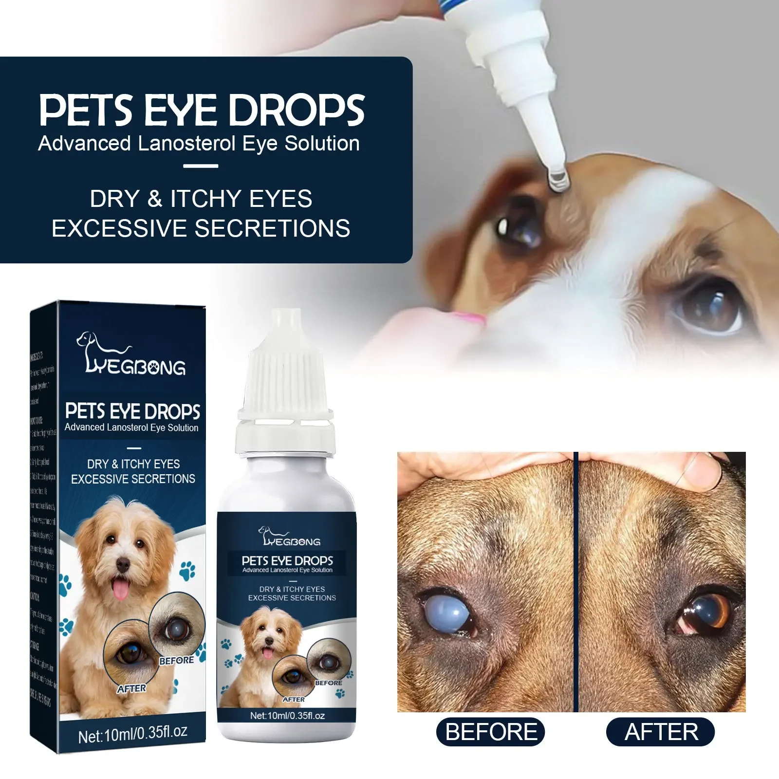 Yegbong Pet Eye Drops, Remove Tears From Cats and Dogs, Relieve Eye Itching, Gently Cleanse The Face, and Clear Eye Drops.