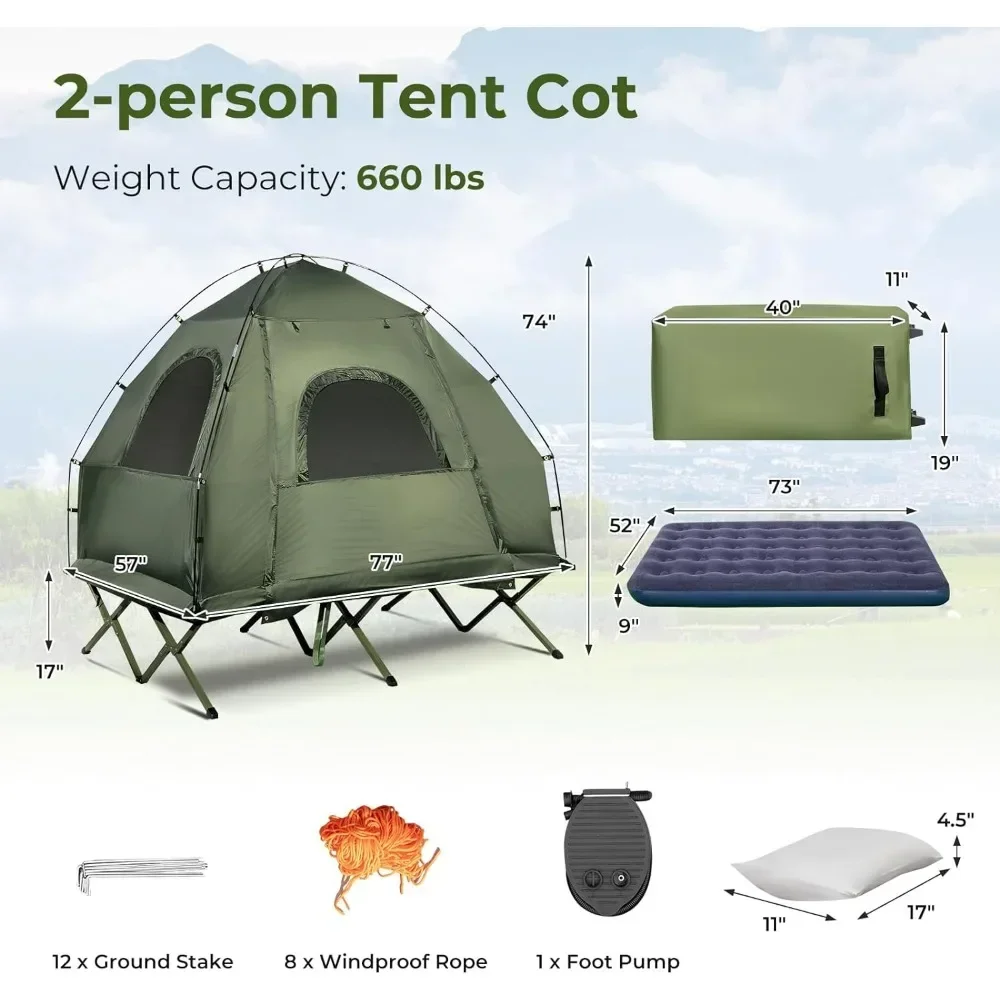 Tent Cot, 5-in-1 Folding Camping Cot with Mattress & Pillows,Camping Tent Elevated with Carrying Bag for Outdoor Hiking, Fishing