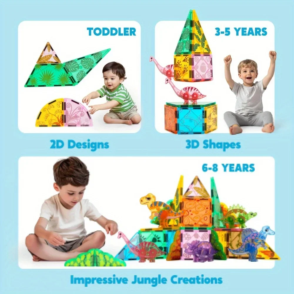 JOYFY 50 قطعة بلاط البناء المغناطيسي ديناصور مجموعة للأطفال عيد الميلاد هدية عيد ميلاد 5 لطيف الديناصورات التعليمية الجذعية لعبة #4