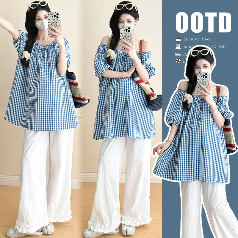 

2025 Summer Maternity Set Korean Style Cotton Blend Color Block Polo Shirt Comfortable Stretchy Pregnancy Two Piece Outfit
