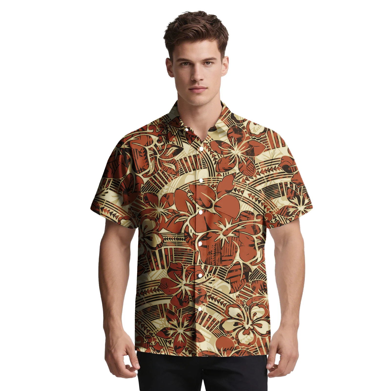 العلامة التجارية الجديدة تصميم مخصص نمط أعلى هاواي الكركديه الطباعة الرجال الملابس ساموا قصيرة الأكمام قميص البولينيزية الرجال ألوها قميص #6