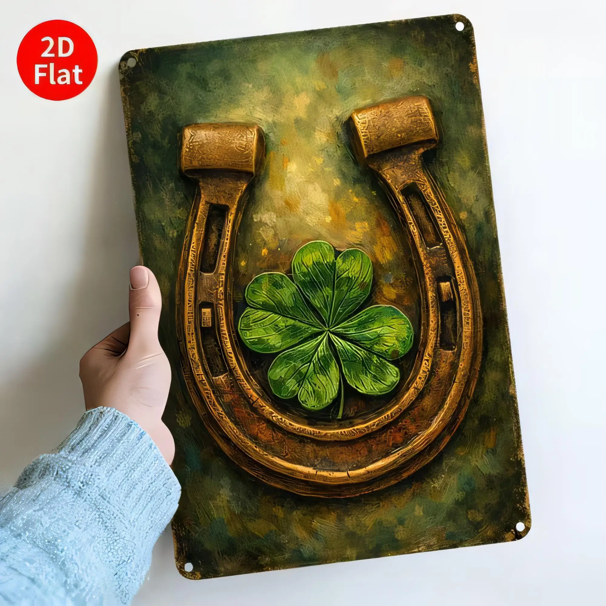 Tin Sign St. Patrick Horse Shoe Lucky Clover 2D Flat Metal Wall Art Decor Vintage Green Irish Luck Poster for Bar Pub Man Cave H