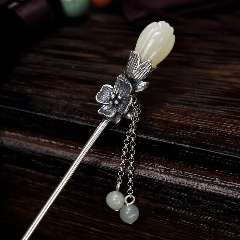 Hairpin Lady Antique S    Pure Silver Plated Compound Hanfu Dished Hair White Magnolia Cheongsam Headdress Qixi Gift