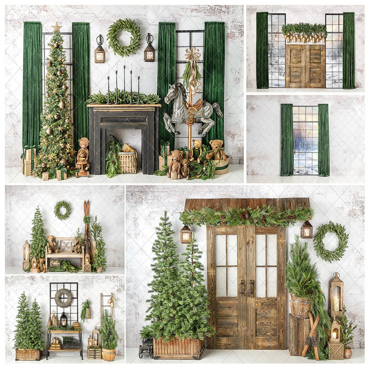 

Christmas Photography Antique Festive Foyer Backdrop Golden Gleam Evergreen Photo Background Kids Portrait Photo Studio Props