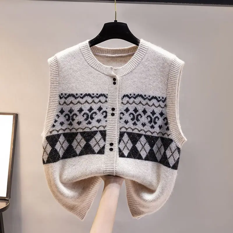 

2023 Autumn and Winter New European Sweater Round Neck Loose Cardigan Vintage Fashion Color Block Diamond Vest