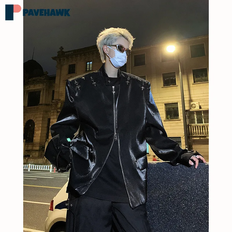 

Metal Buckle High Street Jacket Man Woman Hip Hop Double Zipper Motorcycle Jackets Harajuku Pilot Outwear Unisex Autumn Coats