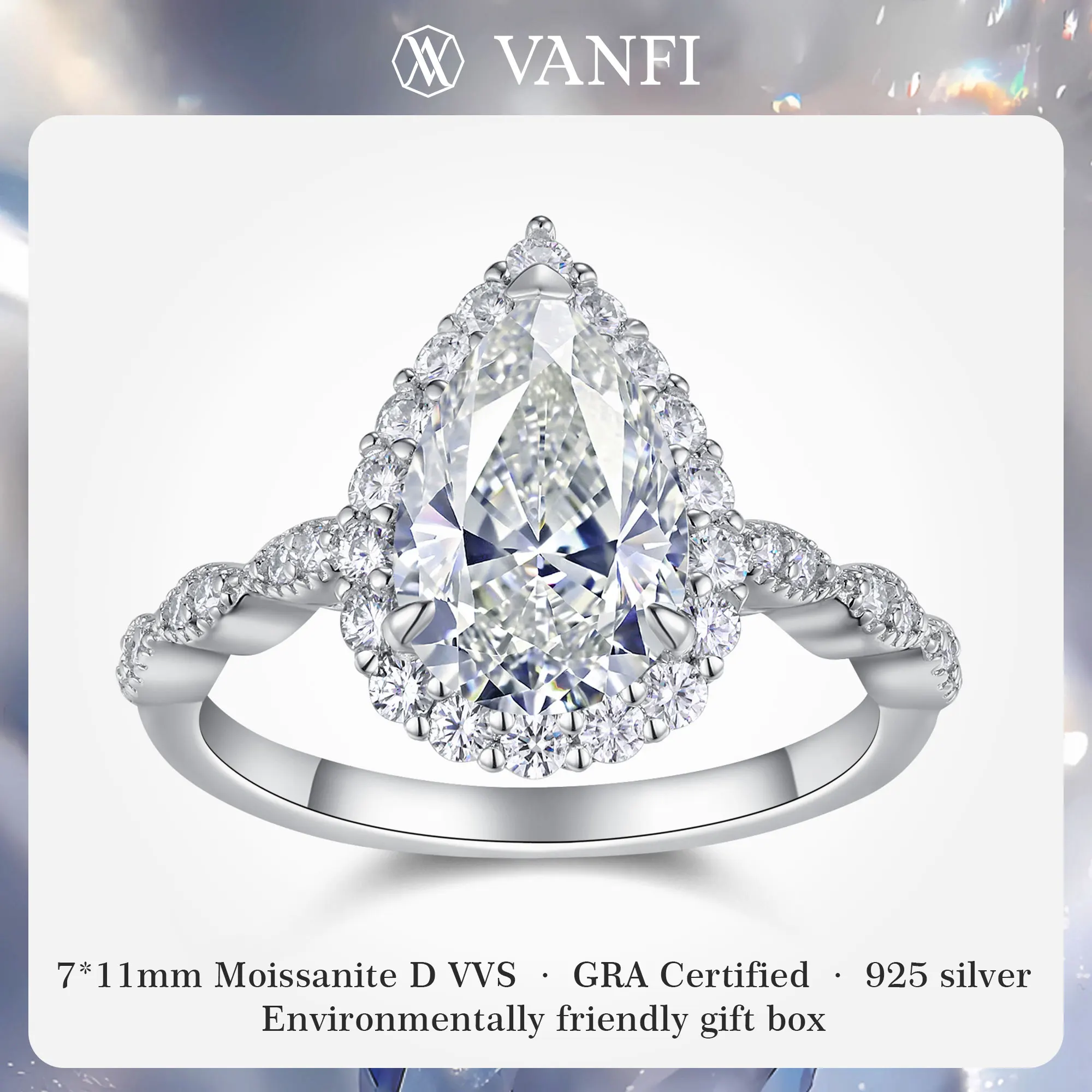 

Kfvanfi Certified Teardrop Moissanite Ring for Women 925 Sterling Silver White Gold Plated Luxury Proposal Engagement Band