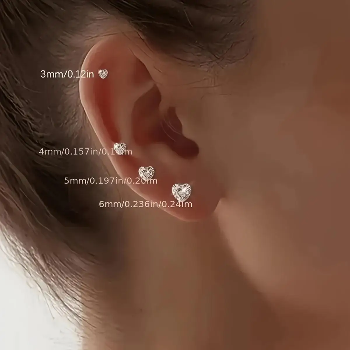4 Pairs Fashion Simple Style Stainless Steel Heart-Shaped Cubic Zirconia Stud Earrings Women Ear Piercing Jewelry 3/4/5/6mm