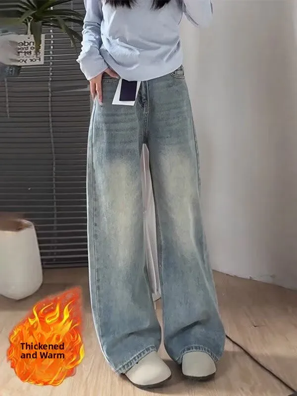 

Thiened Fce, широкие джинсы с высокой талией, женские свободные брюки прямого кроя, осень-зима, большие размеры, винтажные брюки