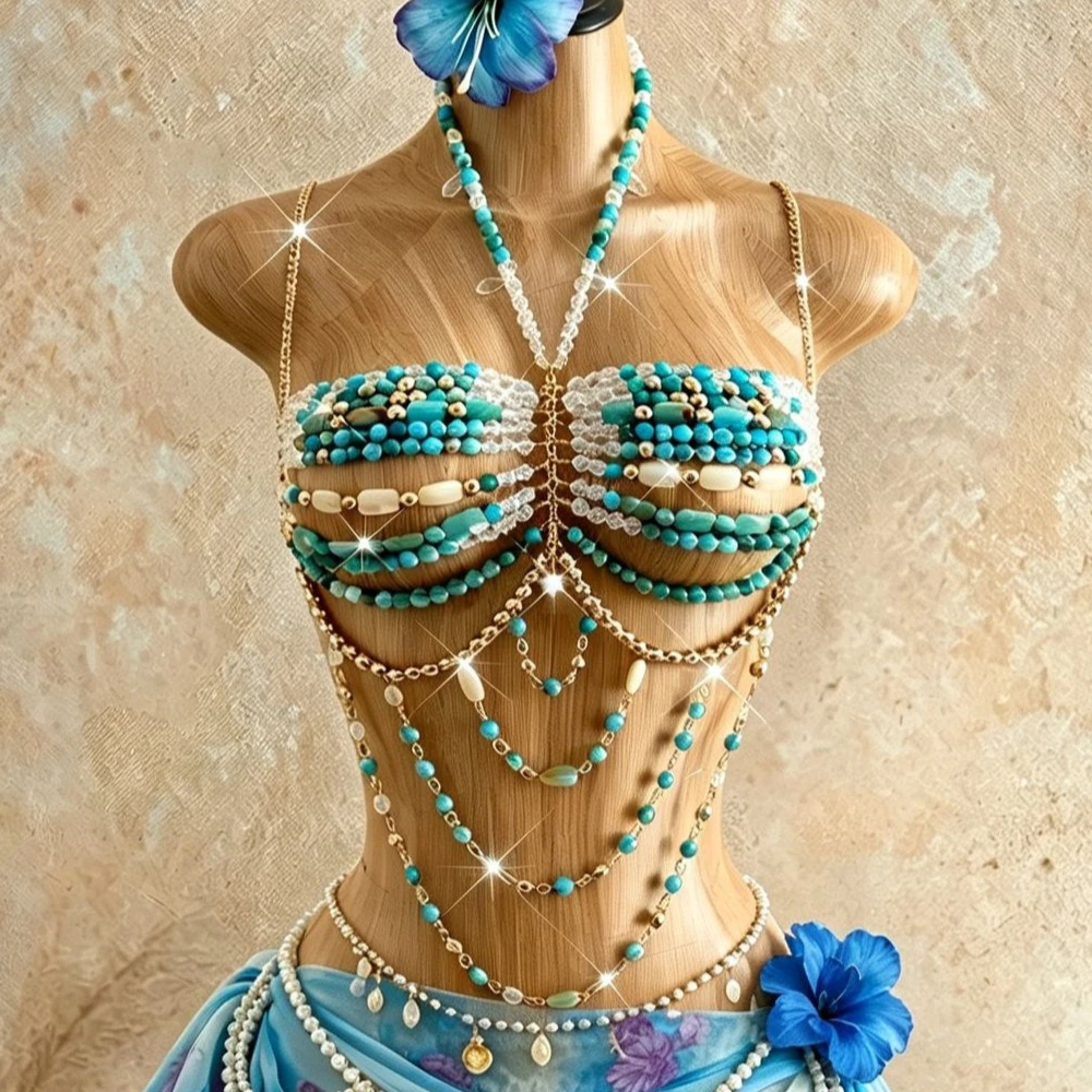 Bohemian Style Turquoise Stone Beaded Halter Bra Chain for Women Multi-layer Meal Chain Tops Sexy Dance Show Body Chain Jewelry