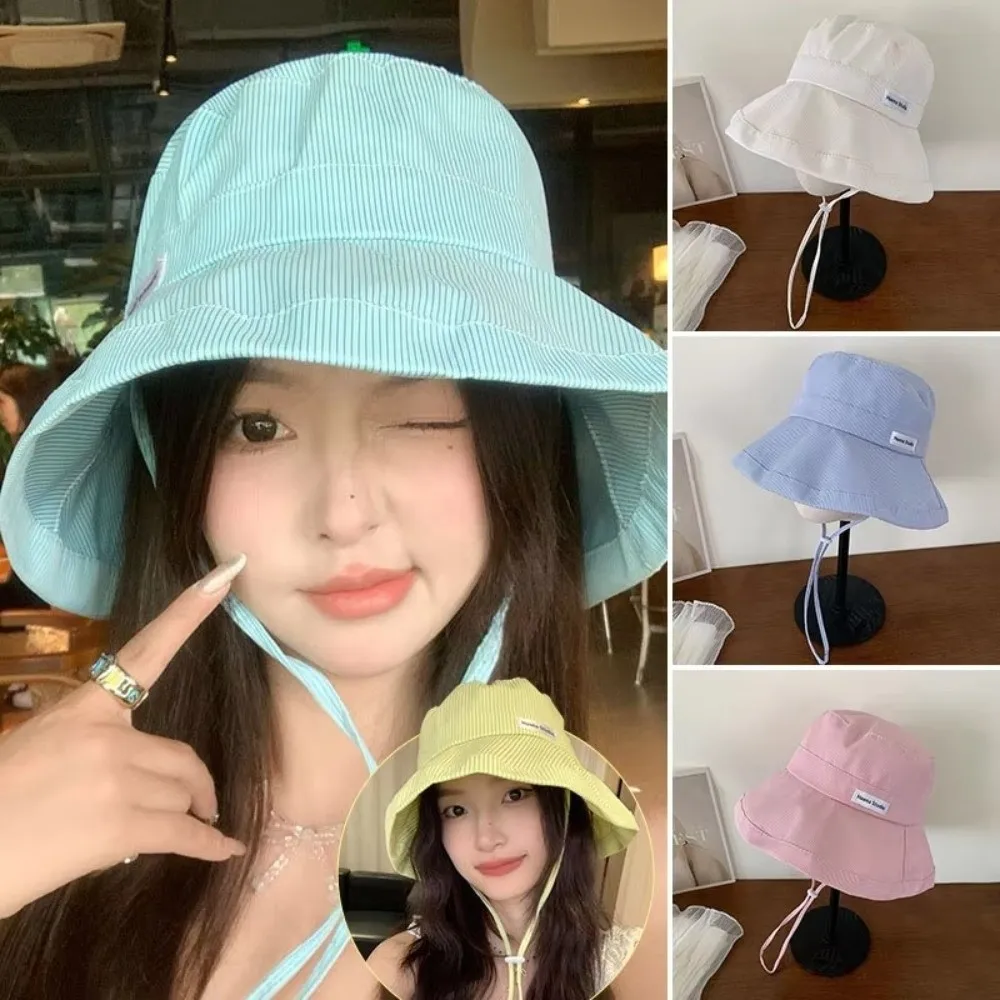 Fashion Wide Brim Fisherman Caps Candy Color Striped Pattern Bucket Hats With Rope Basin Cap Women