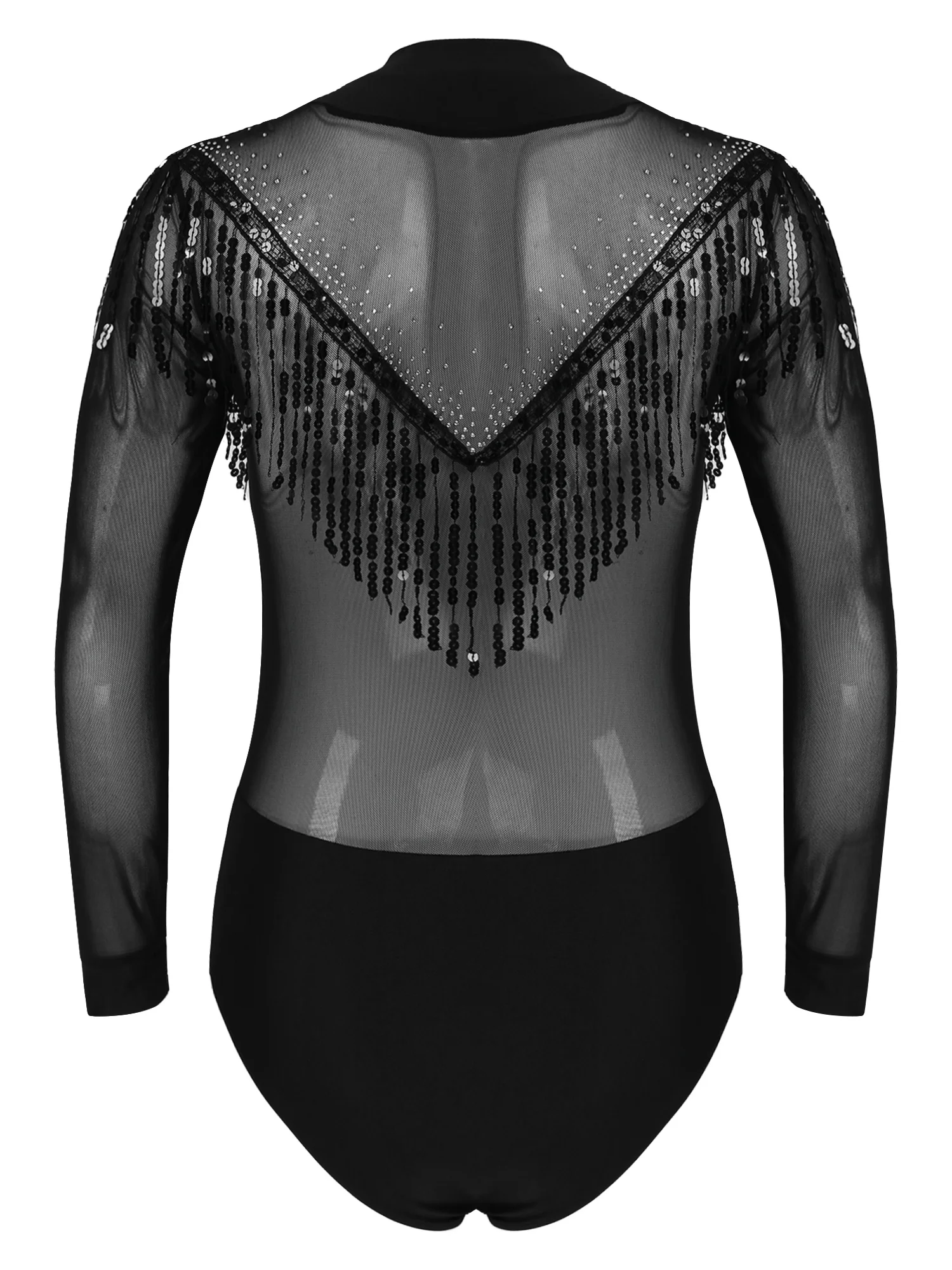 Mens Deep V Sheer Mesh Bodysuit Ballroom Latin Dance Performance Costume Shiny Rhinestone Sequin Tassel Leotard Dancewear